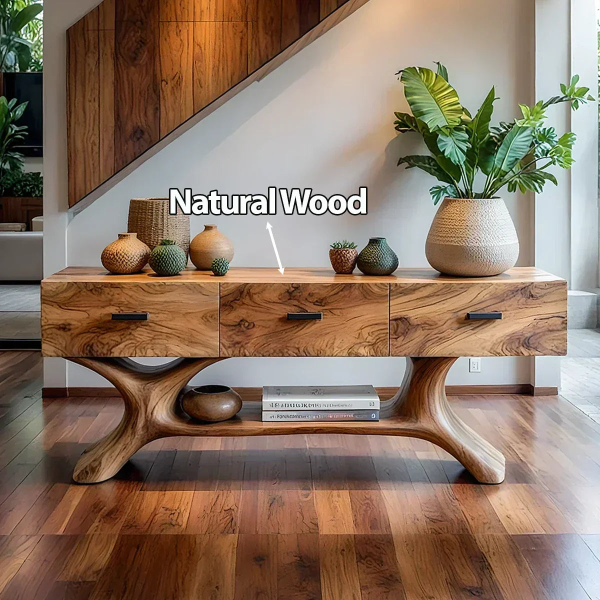 Solid Wood Console Table with Organic Sculptural Base & Drawers - Rustira