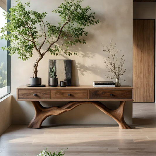 Solid Wood Console Table with Sculpted Root-Inspired Base & Drawers - Rustira
