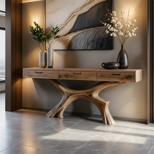 Solid Wood Console Table with Sculptural Branch-Form Base & Drawers - Rustira