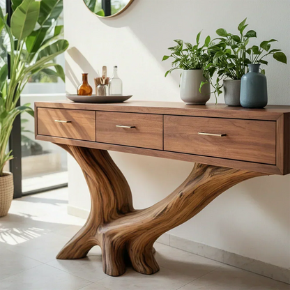 Solid Wood Console Table with Sculptural Natural Base & Drawers - Rustira