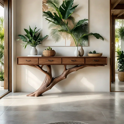Solid Wood Console Table with Tree-Inspired Sculptural Base & Drawers - Rustira