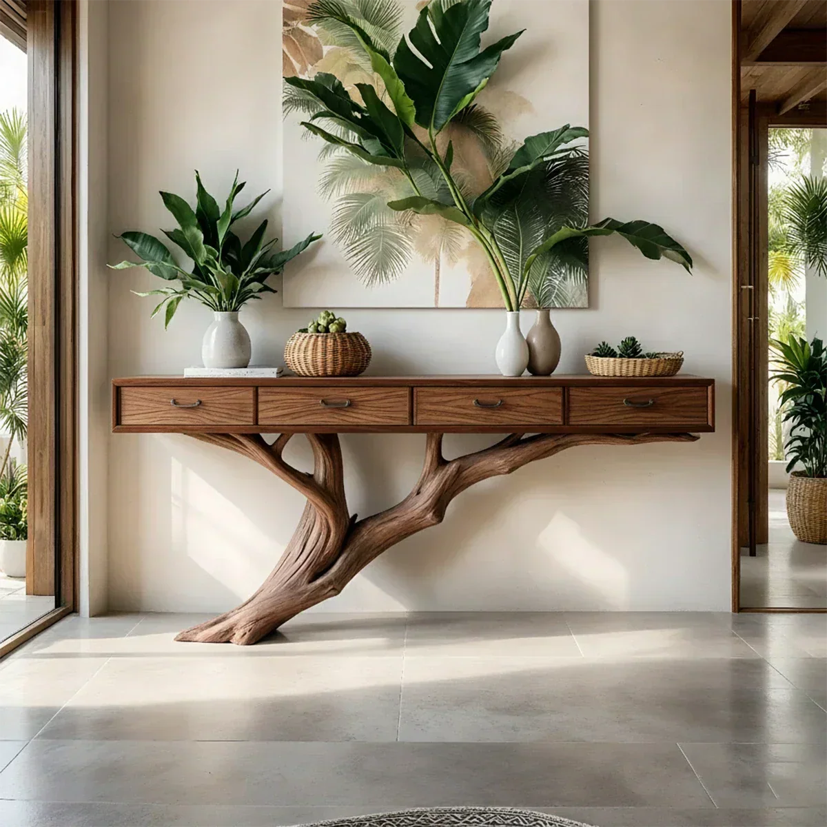 Solid Wood Console Table with Tree-Inspired Sculptural Base & Drawers - Rustira