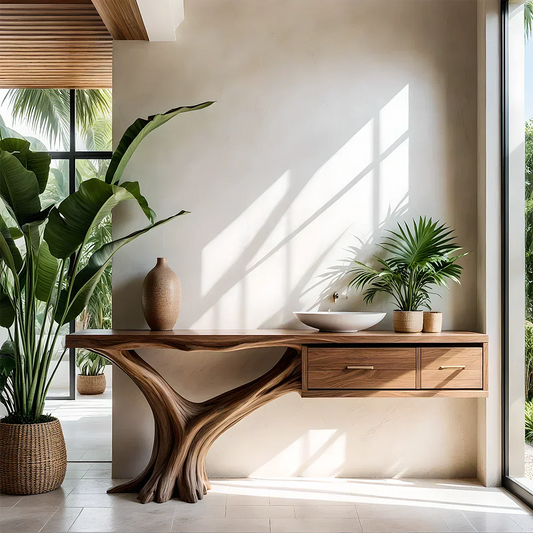 Solid Wood Console Table with Tree-Root Sculptural Base & Dual Drawers - Rustira