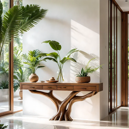 Solid Wood Console Table with Tree-Root Sculptural Base & Storage Drawers - Rustira