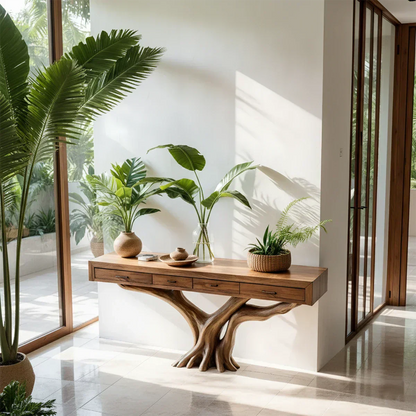 Solid Wood Console Table with Tree-Root Sculptural Base & Storage Drawers - Rustira