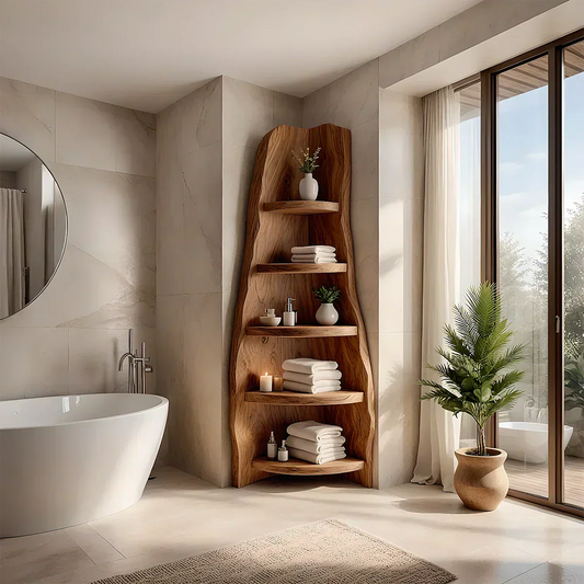 Solid Wood Corner Bathroom Shelf Tower – Live Edge Organic Design - Rustira