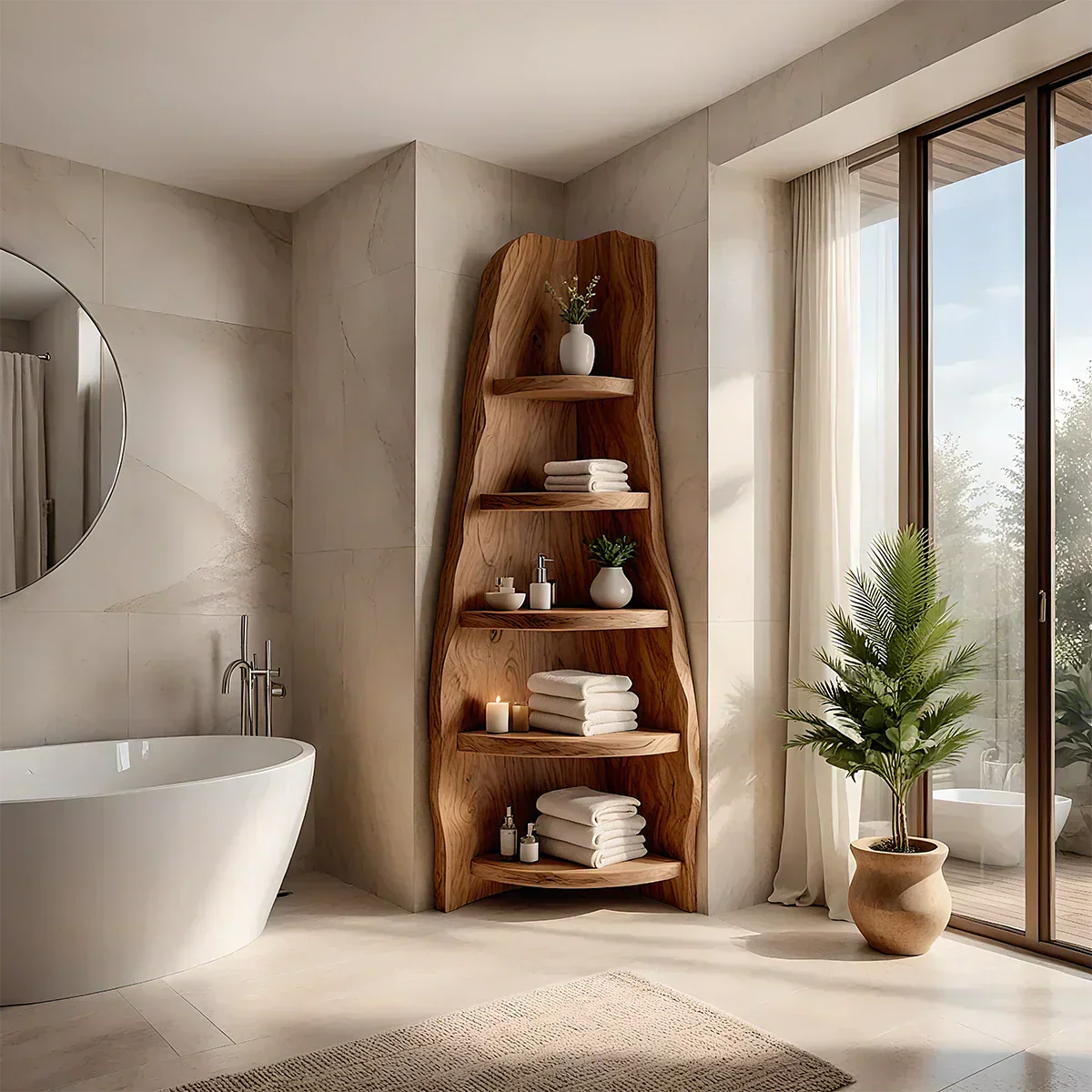 Solid Wood Corner Bathroom Shelf Tower – Live Edge Organic Design - Rustira