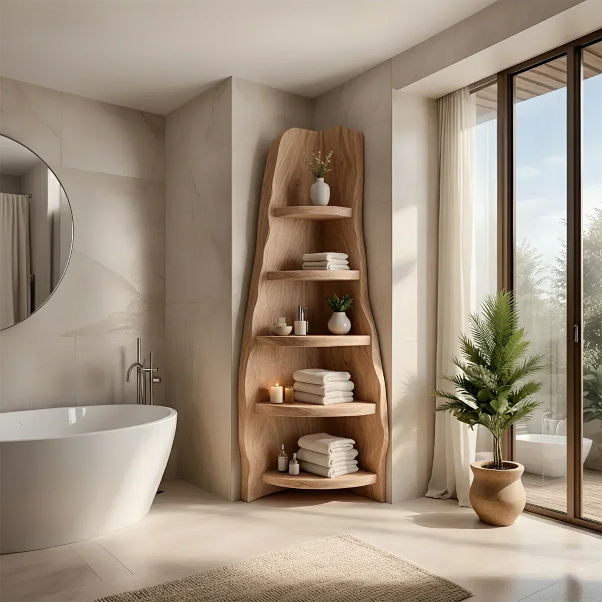 Solid Wood Corner Bathroom Shelf Tower – Live Edge Organic Design - Rustira