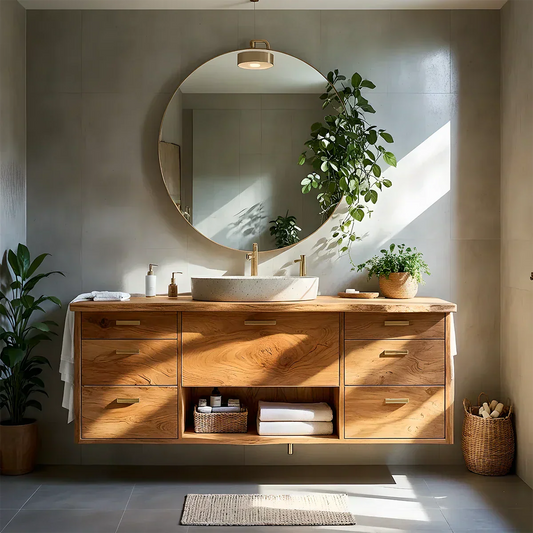 Solid Wood Double Floating Vanity with Stone Basin - Rustira