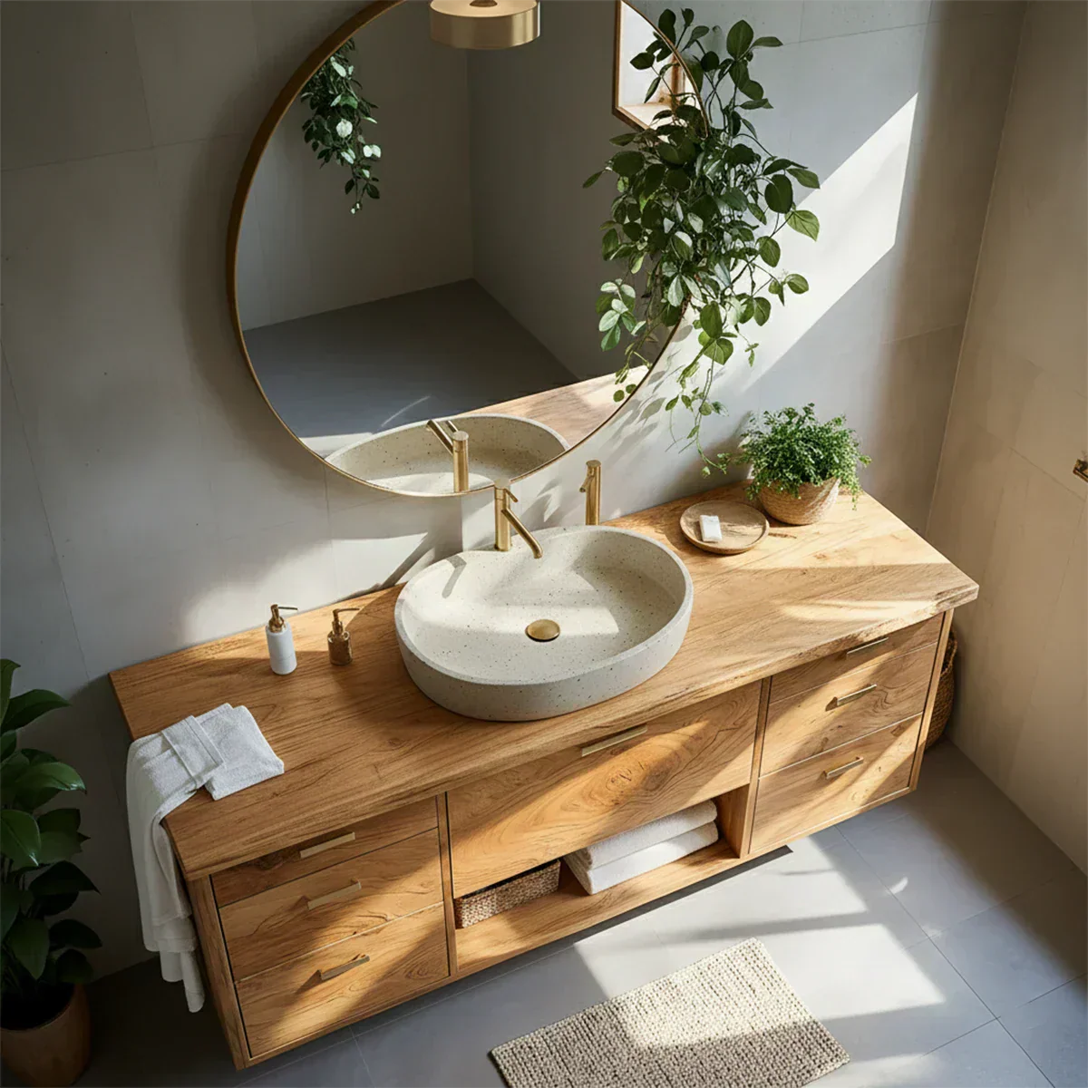 Solid Wood Double Floating Vanity with Stone Basin - Rustira