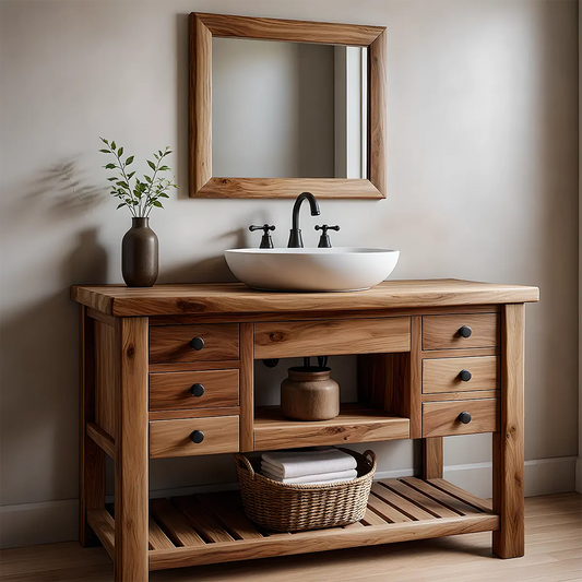 Solid Wood Farmhouse Bathroom Vanity with Drawers & Open Shelf - Rustira