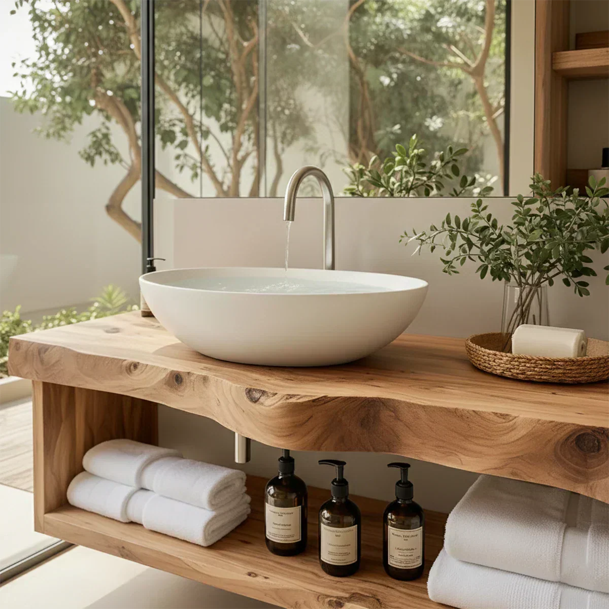 Solid Wood Floating Vanity with Shelf – Japandi Natural Spa Bathroom Console - Rustira