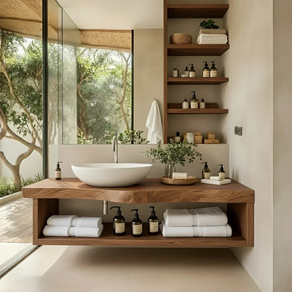 Solid Wood Floating Vanity with Shelf – Japandi Natural Spa Bathroom Console - Rustira