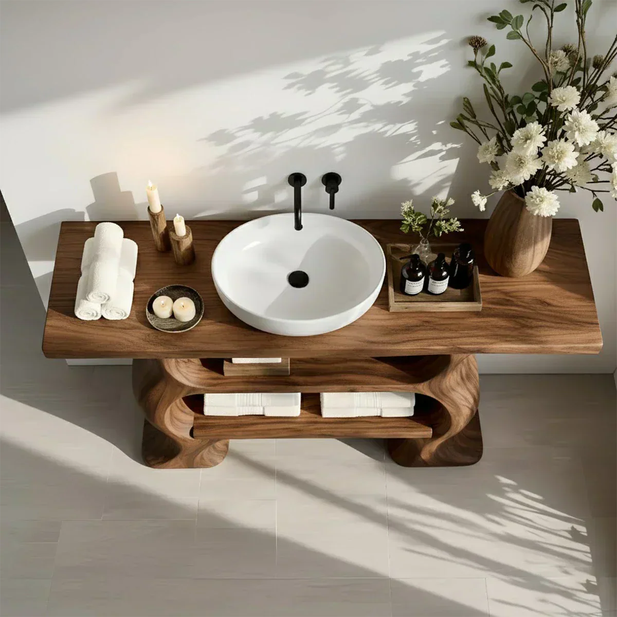 Solid Wood Sculptural Bathroom Vanity with Dual Storage Shelves - Rustira