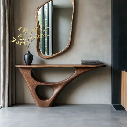 Solid Wood Sculptural Console Table with Fluid Carved Base - Rustira