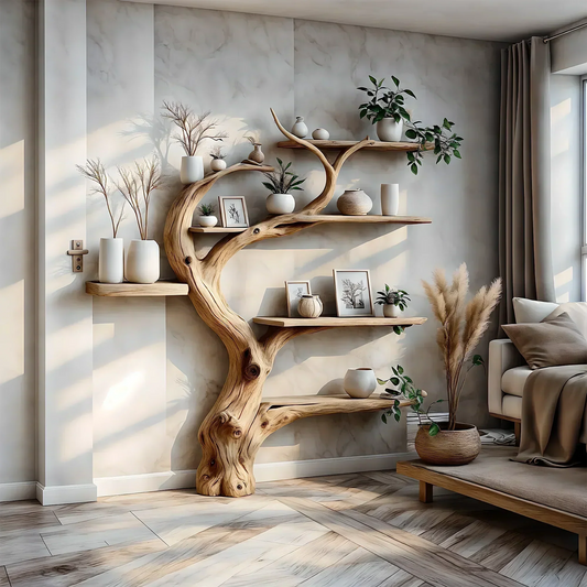 Tree branch bookshelf decorated with driftwood. Solid wood bookshelf decorates interior walls