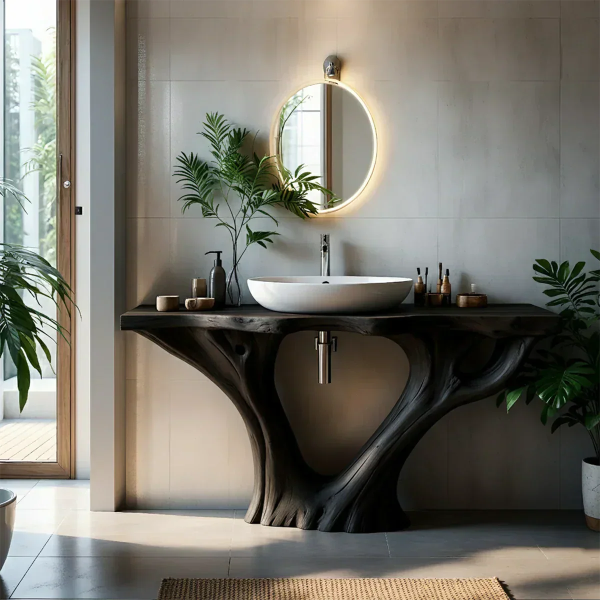 Solid Wood Tree Trunk Bathroom Vanity – Sculpted Live-Edge Base - Rustira