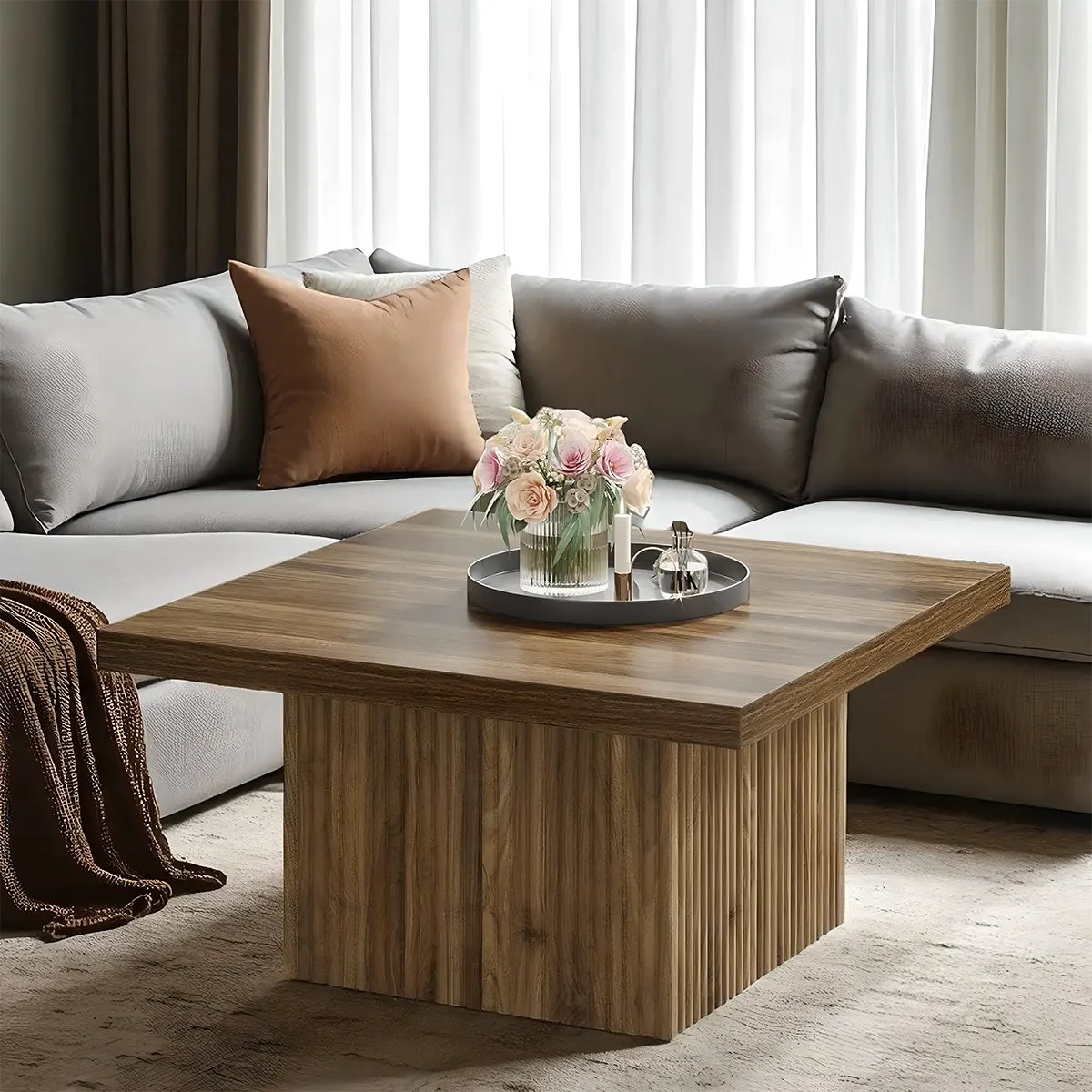 Square grooved wooden tea table, grooved base, modern Nordic style 