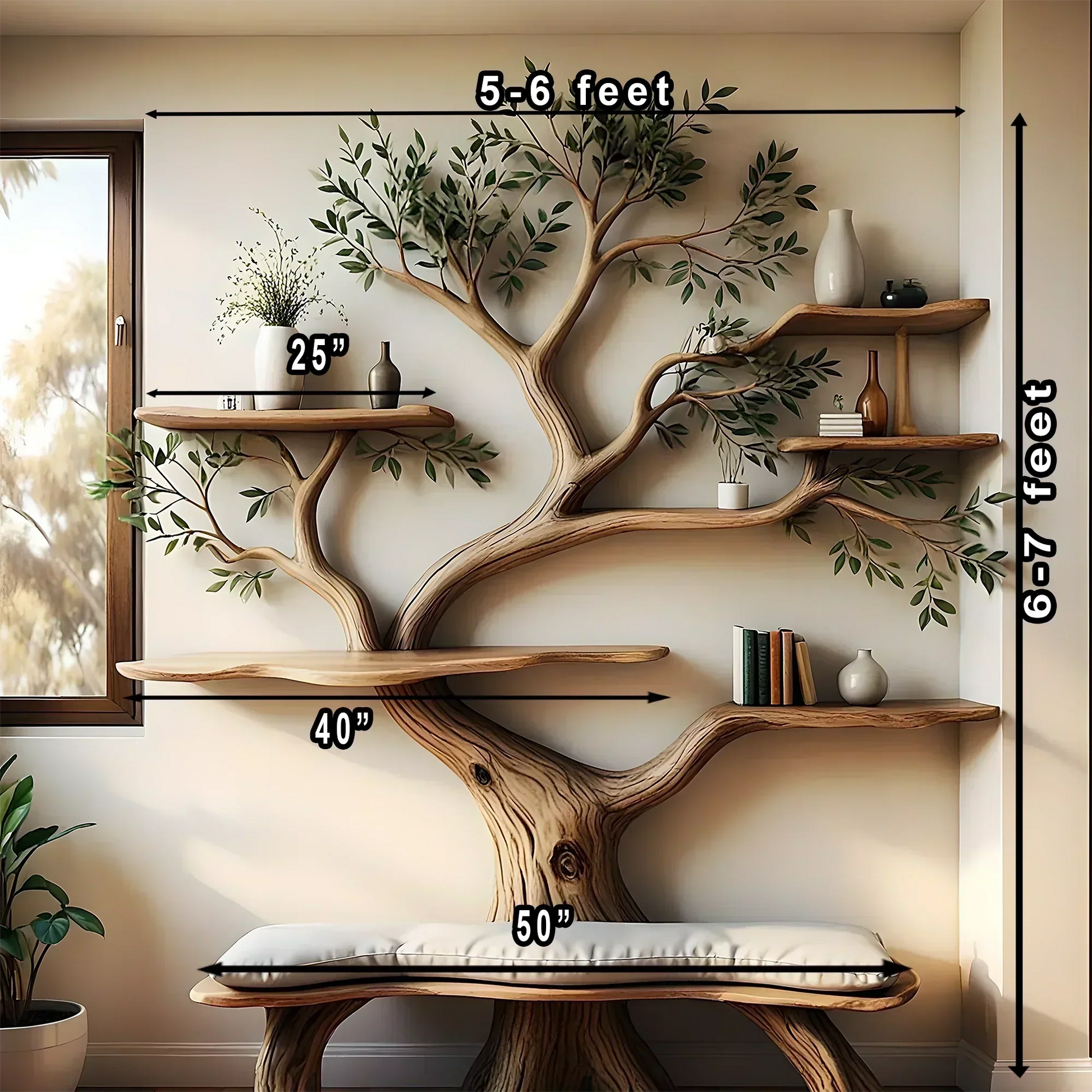 Tree shaped bookshelf made from driftwood and solid wood 