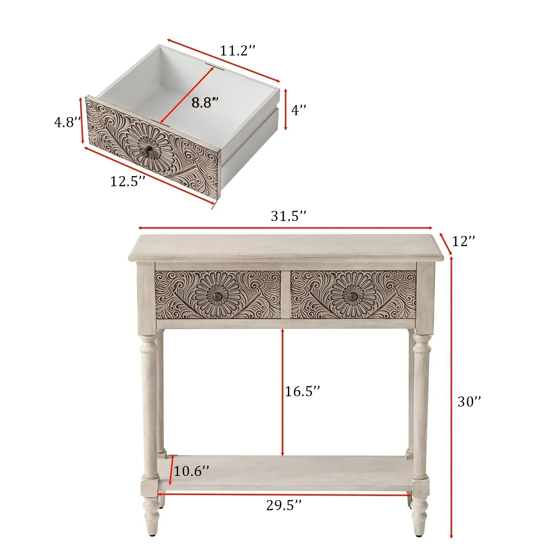 Vintage Carved Console Table with Floral Drawers and Bottom Shelf 
