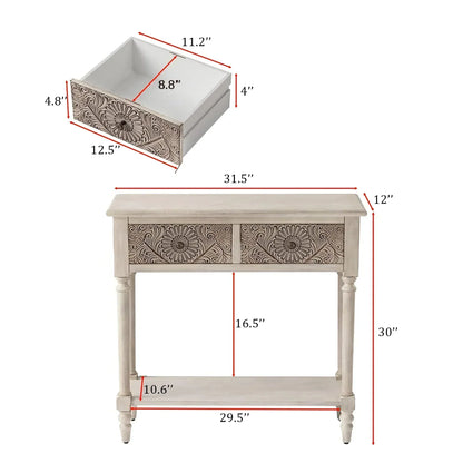 Vintage Carved Console Table with Floral Drawers and Bottom Shelf
