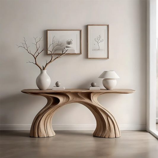 Wave Arch Oak Console Table – Minimal Sculptural Design - Rustira
