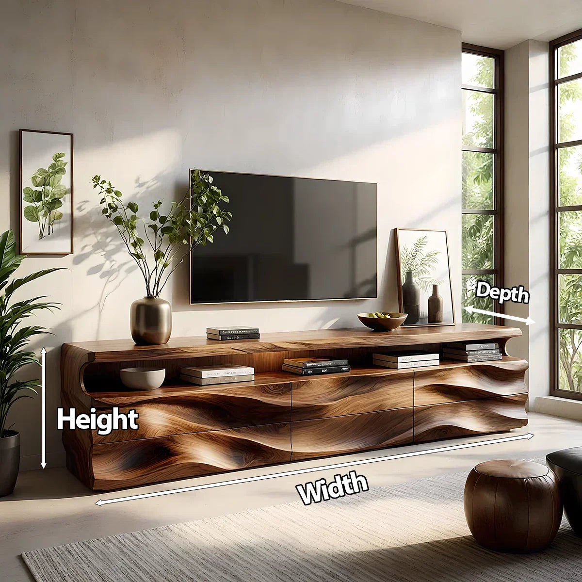 Wave-Carved Solid Wood TV Stand - Luxury Organic Media Console - Rustira