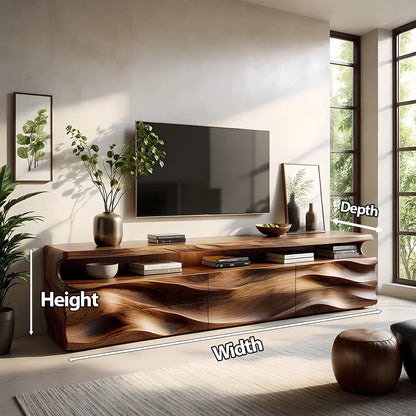 Wave-Carved Solid Wood TV Stand - Luxury Organic Media Console - Rustira