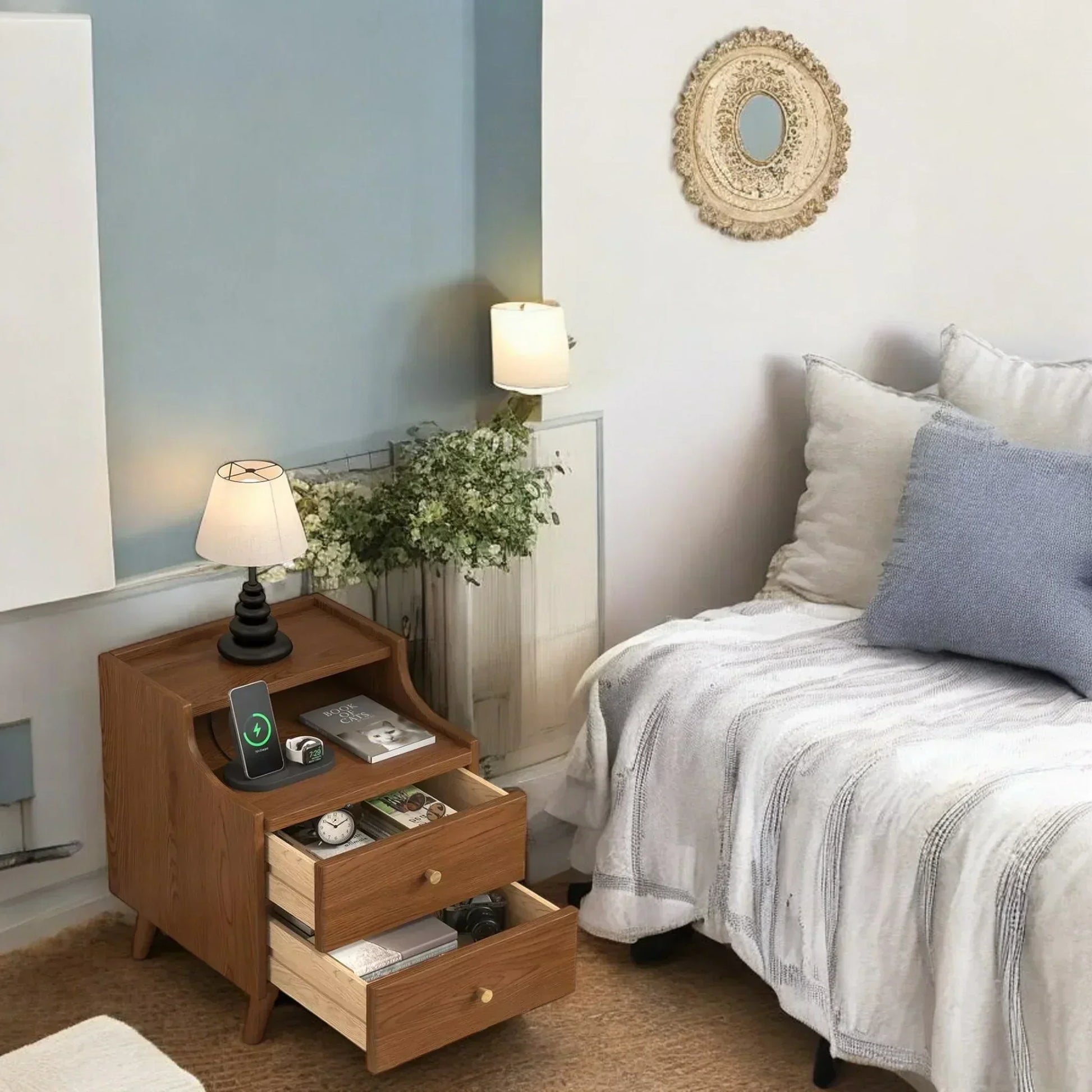 Wooden bedside table with 2 drawers and open storage shelves 