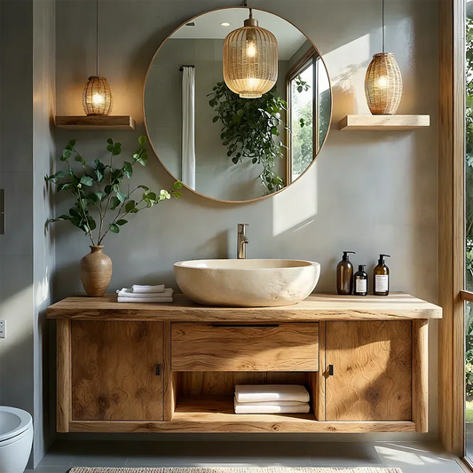 Zenwood Bathroom Vanity – Natural Solid Wood Japandi Cabinet - Rustira