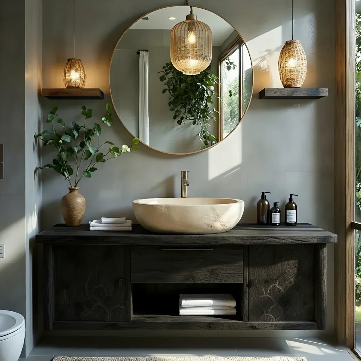 Zenwood Bathroom Vanity – Natural Solid Wood Japandi Cabinet - Rustira